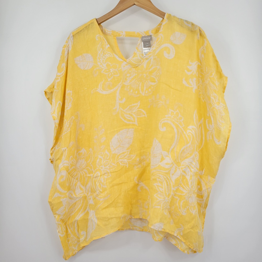 Chicos Poncho Top Women L XL Yellow Floral Linen Lightweight Resortwear Tropical